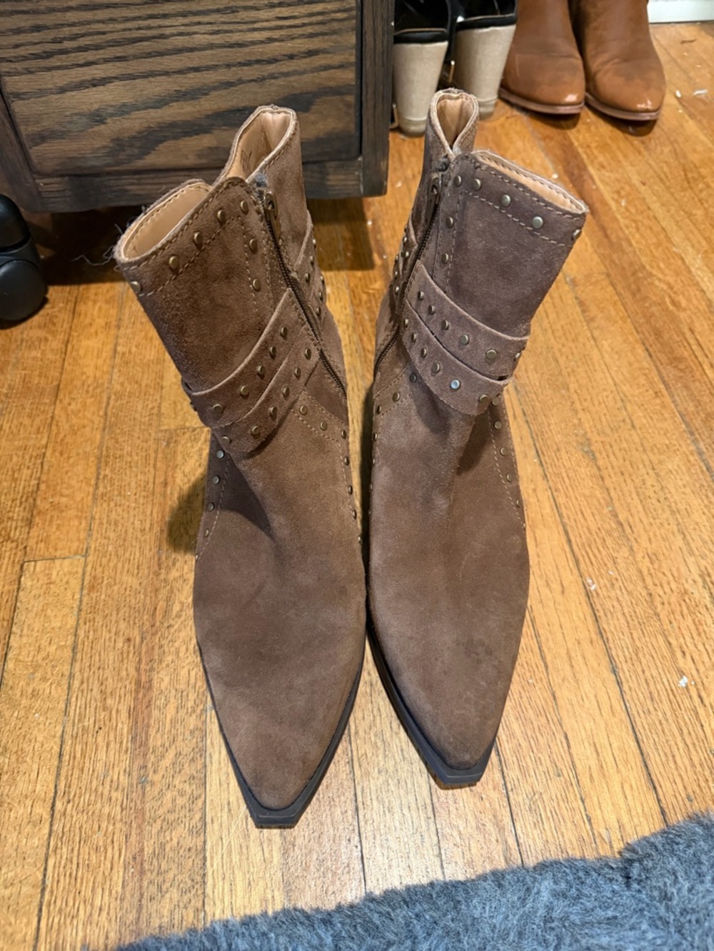 Crown Vintage Brown Suede Pointed Toe Studded Ankle Boots